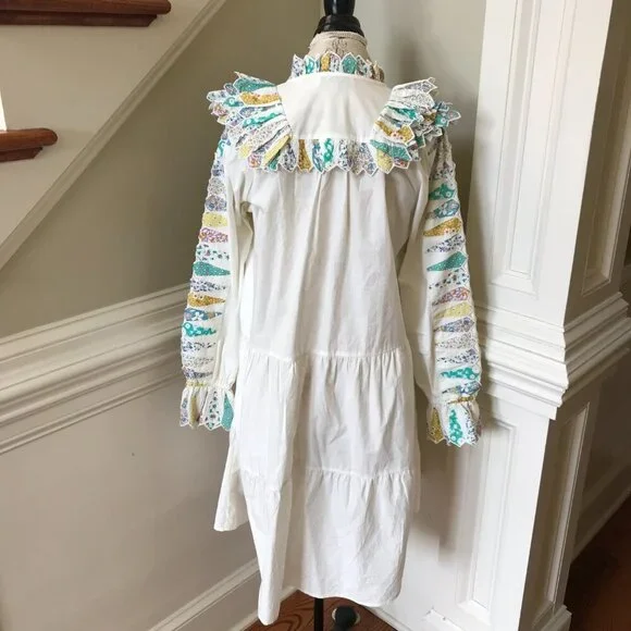 Sea NY Linden Patchwork Dress Womens XS Cream Blue Long Sleeve Ruffle Cotton - Picture 12 of 13